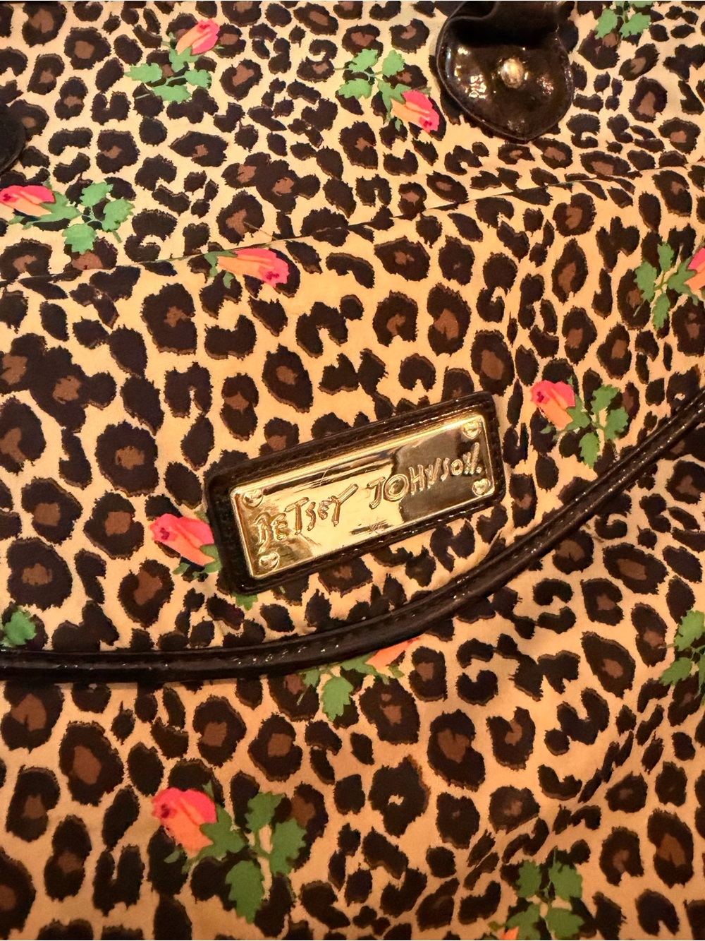 Betsey Johnson Leopard Print Satchel Laptop bag with Pink & Green Floral Accents - Picture 2 of 6